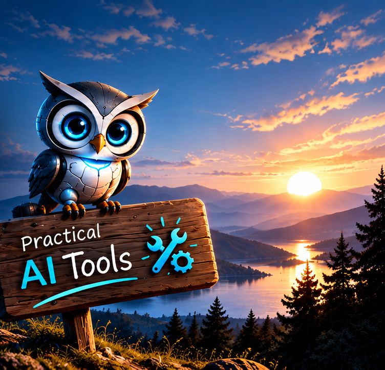 The rooGBot AI robot owl on a wooden sign reading Practical AI Tools, with a sunrise over a lake behind it.
