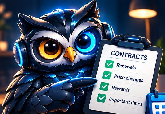 The RenewalMate robot owl holding a contracts clipboard.